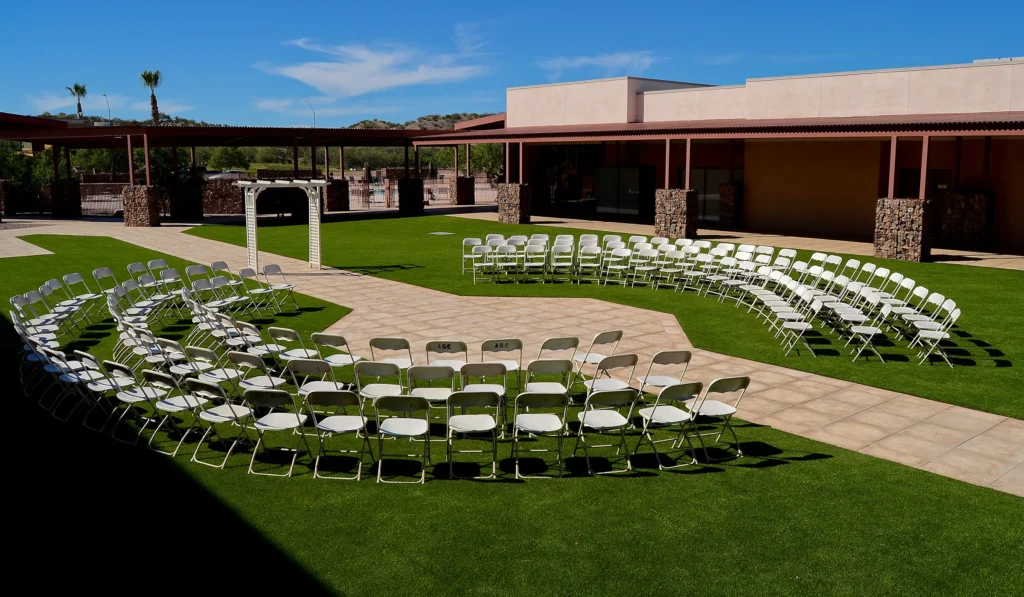 Courtyard with chairs for wedding.